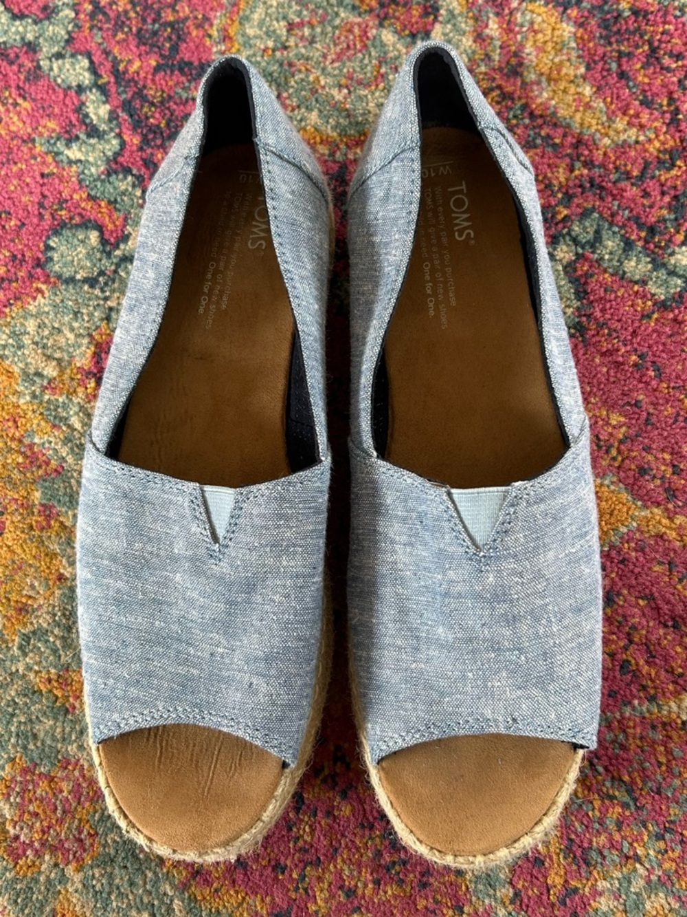 Toms | Women’s Light Blue Heathered Espadrille Peep-Toe Platform Sansals Size 10 - Picture 2 of 13